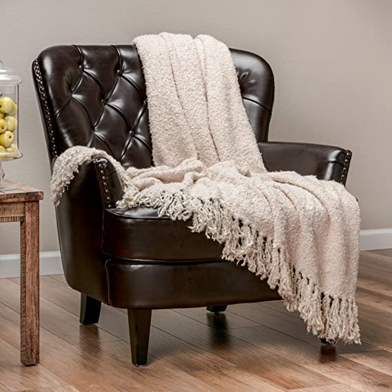 Chanasya Fuzzy Textured Shiny Thread Soft Fluffy Throw Blanket Warm Cozy Plush Luxurious Blanket for Sofa Chair Couch Bed Living Room with Fringed Tassels Beige Throw Blanket (50x65 Inches) Cream