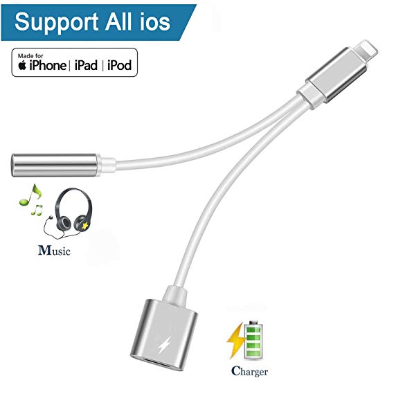 Headphone Adapter 3.5mm Dongle Headphone Connector Adapter Connector AUX Audio Jack Stereo Car Charger 2 in 1 Cable Charging and Cable Compatible for iPhone 7/X/XS/XR/8/8Plus Support for IOS12-silver