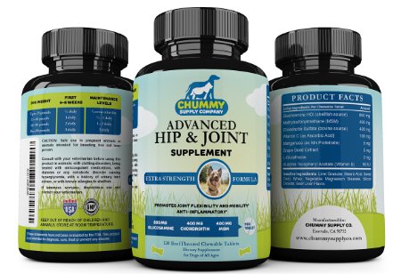 HIP & JOINT SUPPLEMENT FOR DOGS 120 BEEF FLAVORED TABS EXTRA STRENGTH FORMULA 800 MG GLUCOSAMINE 400 MG CHONDROITIN AND 400 MG MSM WITH VITAMIN C & VITAMIN E