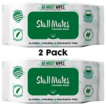 Stall Mates 60-Wipe Home Pack: Flushable and Hypoallergenic Moist Wipes Made in the USA. Unscented with Vitamin-E & Aloe, 100% Biodegradable (2 Pack)