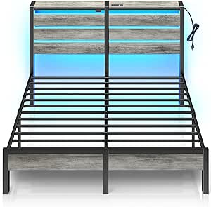 Rolanstar Bed Frame Full Size with USB Charging Station, LED Bed Frame with Wood Storage Headboard, Light Grey Metal Platform Bed with Under Bed Storage, No Box Spring Needed, Noise Free