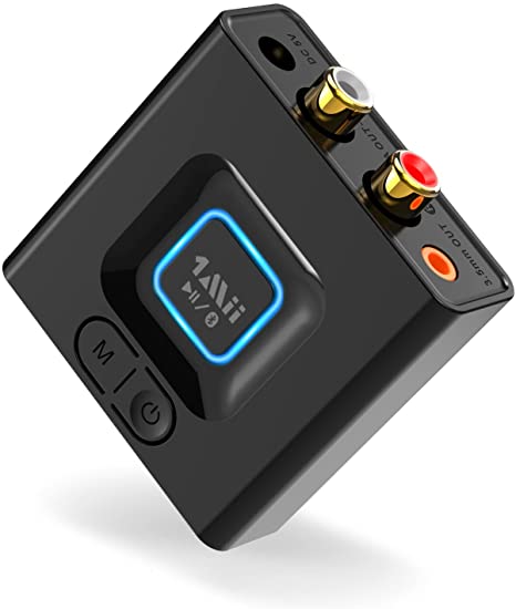 [2022] 1Mii Portable Audio Bluetooth Receiver, Bass Mode, 12hrs Playtime, Bluetooth V5.0 Wireless Audio Adapter for Stereo Music Streaming System with 3.5 mm, RCA Jack