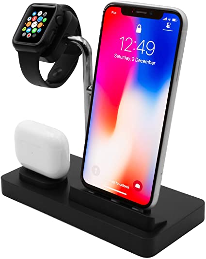 Macally iPhone Airpod Apple Watch Charging Station for Apple Devices - 3 in 1 Charging Stand, Compatible with All iPhone, iWatch, Airpod Series - Use Only Factory Provided Cables - Black