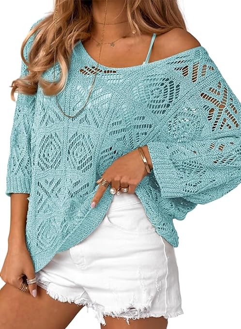 Dokotoo Women's 2024 Spring Summer Crochet Hollow Out 3/4 Sleeve Pullover Sweater Off Shoulder T-Shirts