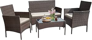 Greesum Patio Furniture 4 Pieces Conversation Sets Outdoor Wicker Rattan Chairs Garden Backyard Balcony Porch Poolside loveseat with Cushion and Glass Table, Brown and Beige