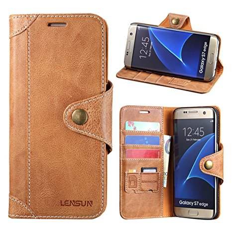 Galaxy S7 Edge Case, Lensun Genuine Leather Wallet Magnetic Flip Case Cover for Samsung Galaxy S7 Edge 5.5" - Brown (S7E-GT-BN)