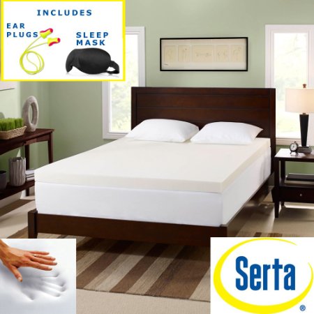 Serta 3-inch Premium Memory Foam Mattress Topper - High Quality Sleep Mask & Comfortable Pair of Corded Earplugs Included (QUEEN)