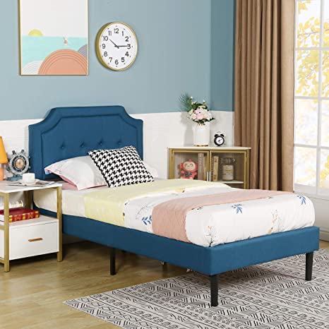 VECELO Premium Upholstered Platform Bed Diamond Stitched Panel Headboard, Metal Frame & 12 Strong Wood Slat Support, Mattress Foundation/Easy Assembly,Twin,Blue