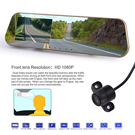 Car Mirror Camera, LESHP Rear View Mirror Cams 1080P 140 Degree Full HD DVR Video Recorder Cam for Car with Dual Lens 4.3 Inch TFT Rear View Mirror, Motion Detection