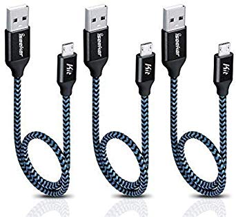 Short Micro USB Cable, iSeekerkit 1Ft Nylon Braided Fast USB Charging Cord Compatible for External Battery Charger, Samsung Galaxy S6 S7 Edge J7, HTC, LG, Android and More [3 Pack]-Black