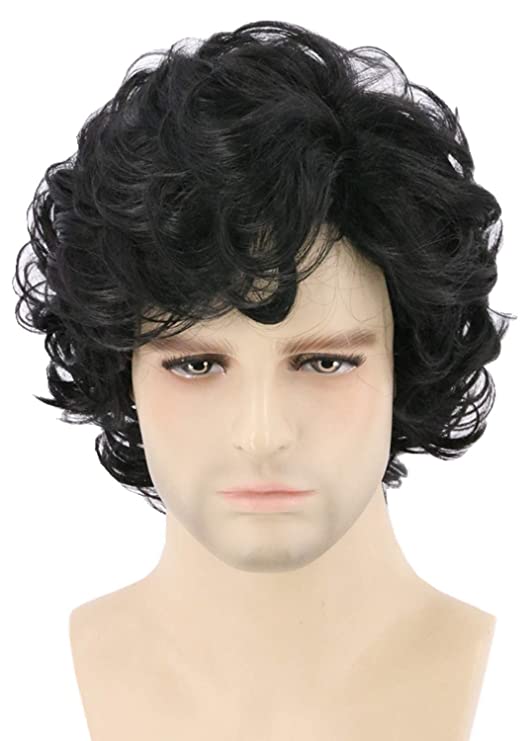 Topcosplay Mens Wigs Black Short Curly Fluffy Cosplay Halloween Character Costume Wig Layered