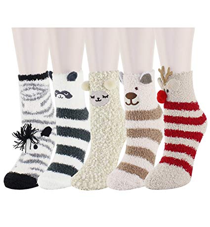 Women Girls Slipper Socks Cute Animals Fluffy Fuzzy Stripe Crew Winter Thermal