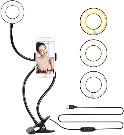 Andoer Two in One LED Ring Light with Cell Phone Holder Stand for Live Stream Makeup Selfie Recording Lighting with Flexible Metal Arm Compatible with iPhone Android Smartphones