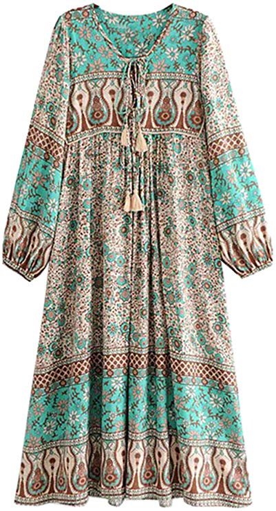 R.Vivimos Women's Long Sleeve Floral Print Retro V Neck Tassel Bohemian Midi Dresses