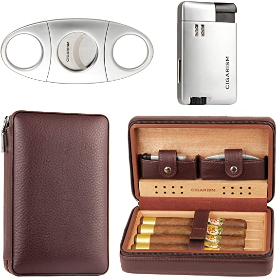 CIGARISM Leather Cedar Lined Cigar Travel Case Humidor W/Cutter Lighter Set 4 Count (Coffee)