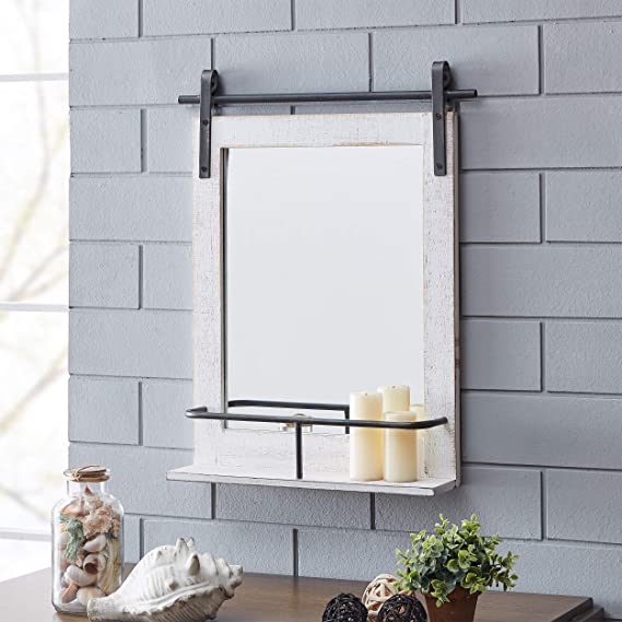 FirsTime & Co. Ivywood Barn Door Shelf Wall Mirror, 25"H x 20"W, Rustic White, Aged Black