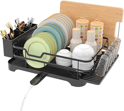 IMMEK Dish Drainer and Drainboard Set,Single Layer Tableware Dish Rack with Drip Tray and Spiral Nozzle,Dish Drying Rack with Removable Cutlery Holder and Cup Holder,Sink Drainer Rack for Kitchen