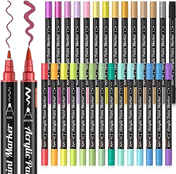 28 Metallic Colors Dual Tip Acrylic Paint Markers, Brush Tip and Fine Tip Acrylic Paint Pens for Rock Painting, Ceramic, Wood, Canvas, Plastic, Glass, Stone, Calligraphy, Card Making, DIY Crafts