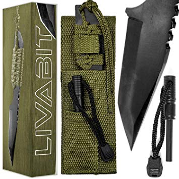 LIVABIT Outdoor Survival Tanto Knife with Fire Starter, Black, Fix Blade Pocket Knife