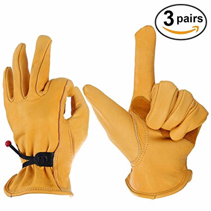 OZERO Leather Work Gloves for Wood Cutting, Men & Women, with Adjustable Wrist, Gold, X-Large (3 Pairs)