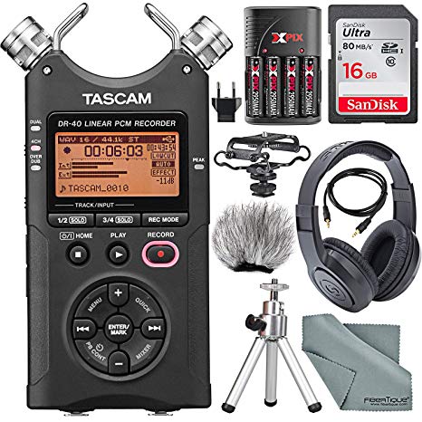 Tascam DR-40 4-Track Handheld Digital Audio Recorder with Microphone Shockmount, Dedicated Windscreen, Along with Platinum Accessory Bundle Fibertique Cleaning Cloth