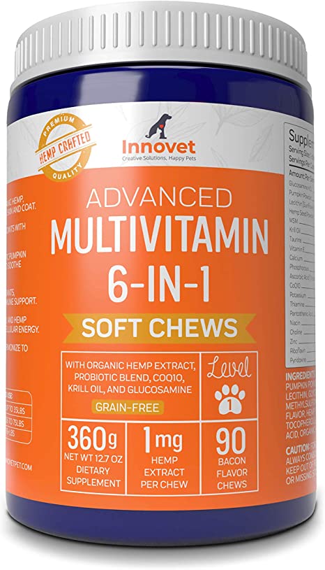 Innovet Pet Products Advanced 6-in-1 Multivitamin Chews - Dog Calming Chews - Omega 3 Supplement with 20 Essential Minerals - 100% Organic Proteins for Dog Anxiety Relief – Bacon Flavor | Made in USA