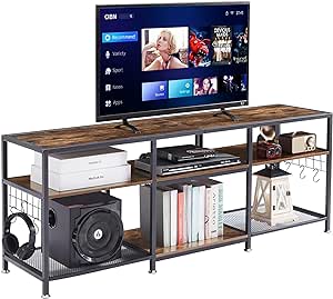 VECELO TV Stand for 75 Inch Television, Console Table with Storage Shelves & Hooks, 3-Tier Entertainment Center for Living, Bedroom and Gaming Room, 70 Inch, Rustic Brown