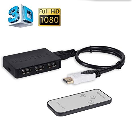 HDMI Switch with Remote Control,HDMI Switch 3 Port HDMI Switch/Switcher with High Speed HDMI Cable,Gold Plated 4K Hdmi Switcher Hub 3x1 Switch Splitter Supports Full HD1080P for 3D PS3, Xbox One, etc