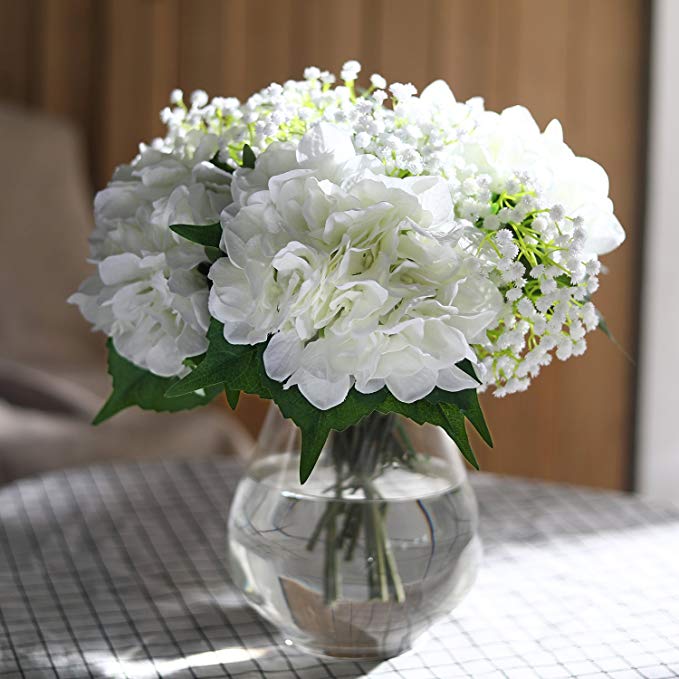Veryhome Hydrangea Artificial Silk Fake Flower Bunch Bouquet Arrangements For Home Wedding Garden Floral Decor Pack Of One (White)