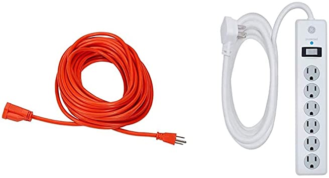 AmazonBasics 16/3 Vinyl Outdoor Extension Cord | Orange, 50-Foot & GE 6 Outlet Surge Protector, 10 Ft Extension Cord, Power Strip, 800 Joules, Flat Plug, Twist-to-Close Safety Covers, White, 14092