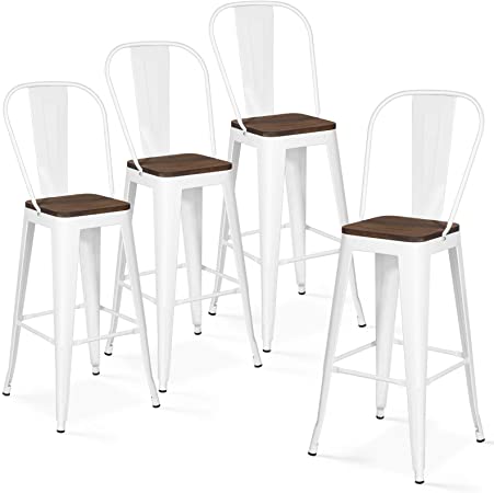 HOMFY 30" Bar Stool Set of 4 Metal Bar Height Kitchen Stools with Back Patio Chairs Set Stackable for Kitchen Bar Indoor Outdoor (White)
