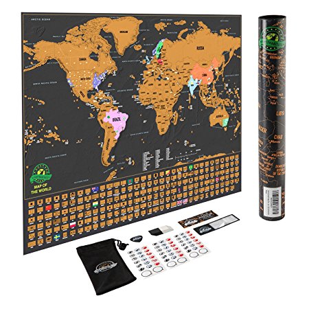 Scratch Off World Map Poster - with US States and Country Flags, Track Your Adventures. Includes Scratcher and Memory Stickers, Perfect for Travelers, By Earthabitats(TM)