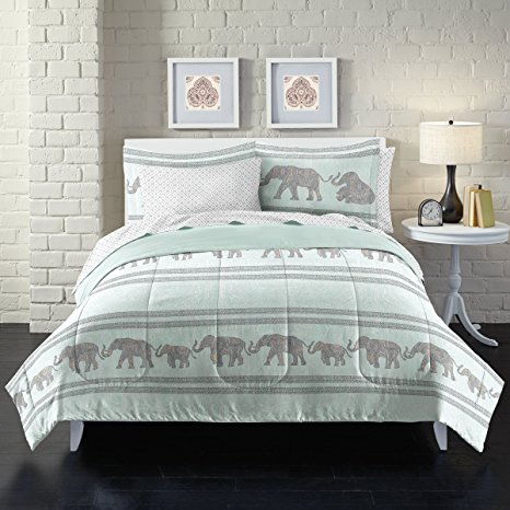 Loft Style Boho Elephant Ultra Soft Microfiber Comforter Set, Queen, Light Blue