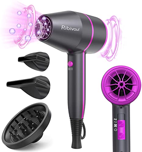 Ribivaul Professional Hair Dryer Ionic, Salon Hair Blow Dryer with Diffuser Concentrator Travel Powerful Hairdryers 2 Speeds 3 Heat Settings Cold Shot Button, Rose Red
