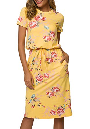 Simier Fariry Women's Floral Short Sleeve Casual Pockets Midi Dress