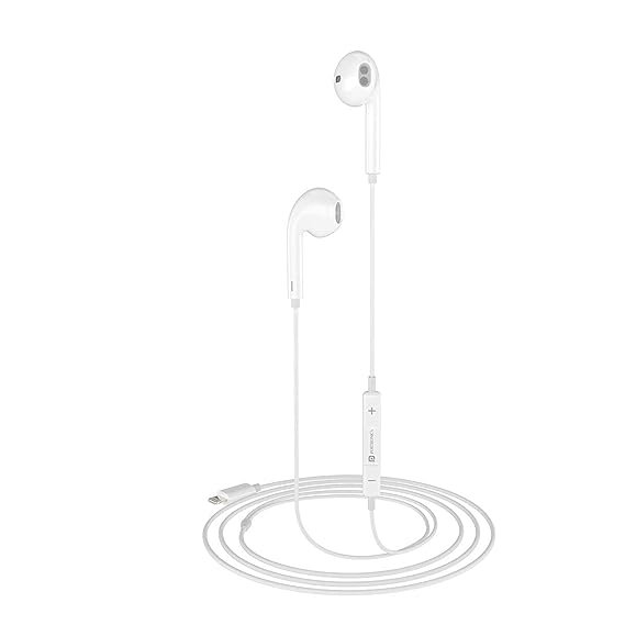 Portronics Conch 40 in-Ear Wired Earphone with 8-Pin Charging Port, Powerful Audio, Built-in Microphone, Tangle Resistant Cable(White)