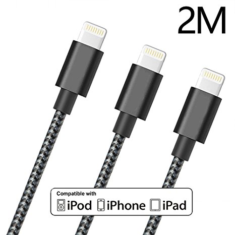 Lightning Cable,ONSON 3Pack 2m/6ft Long Nylon Braided Apple iPhone Charger Cable Charging Lead Cord USB Wire for iPhone 7/7 Plus/6S Plus/6 Plus/5/5S/5C/SE,iPad Pro/Air/mini,iPod(Black White)