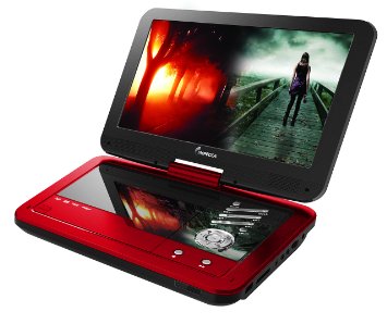 Impecca DVP1016 101 Inch Portable DVD Player 6 Hour Rechargeable Battery Swivel Screen Red