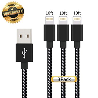 iPhone Cable 3Pack 10FT, GUIGUI Extra Long Nylon Braided Charging Cord Lightning Cable to USB Charger for iPhone 7, 7 Plus, 6S, 6, SE, 5S, 5, iPad, iPod Nano 7 - Black White
