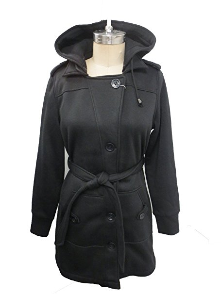 YOKI Womens PLUS SIZE Black Fleece Knee Length Jacket with Hood and Tie Waist
