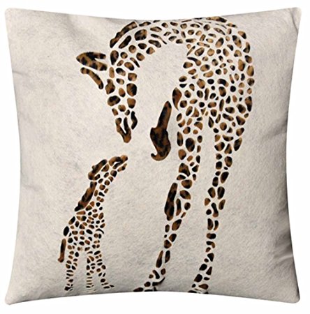 Cotton Linen Square Decorative Throw Pillow Case Cushion Cover Dark Brown and White Ink Giraffe and Its Mother 18 "X18 "