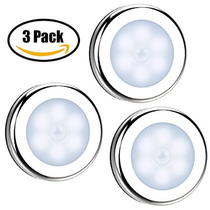 Tontec 3 PCS Mirror-Finish Motion Sensor Night Light Indoor Stick Anywhere Auto On Off Battery Powered LED Detector Activated Lights With 3M Stickers for Closet Bathroom Stairs Bedroom Kitchen