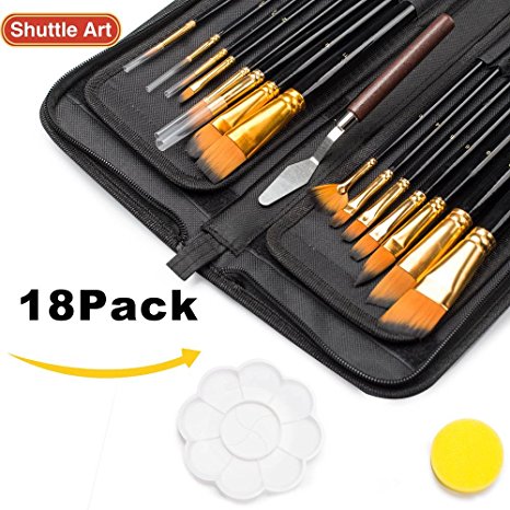 Paint Brush Set, Shuttle Art 18 Pack Different Brush Shapes & Sizes Bonus FREE Painting Knife & Watercolor Sponge No Shed Bristles Wood Handles For Artist Body Paint, Acrylics, Oil