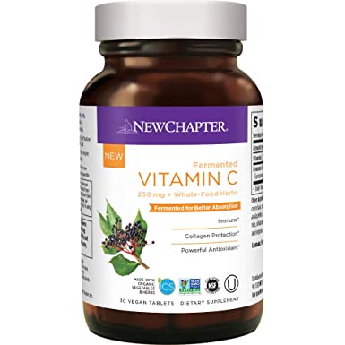 Vitamin C + Elderberry for Immune, New Chapter Fermented Vitamin C, Whole-Food Herbs + Collagen Protection, ONE Daily, 100% Vegan, Gluten-Free - 60 ct