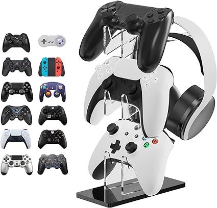 Linkidea Universal 3-Tier Controller Stand and Headset Stand Compatible with PS5, PS4, Switch Pro, Xbox Controllers Gaming Accessories Crystal Texture (Black)