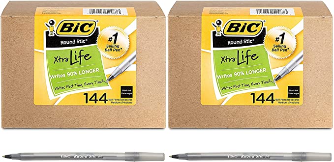 BIC Round Stic Xtra Life Ball Point Pen, Black, 144-Count, 2 Pack