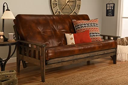 Tucson Rustic Walnut Frame and Mattress Set with Choice to add Drawers, 8 Inch Innerspring Futon Sofa Bed Full Size Wood (Brown Leather Matt and Frame (No Drawers))