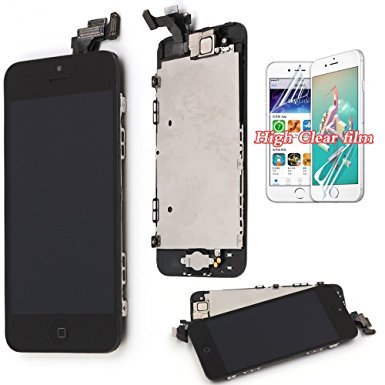 For iPhone 5 Screen Replacement LCD - New Display With Home Button Front Camera Speaker Proximity Sensor Full Digitizer Touch Assembly   Free Screen Protector   Tools (Black Color)