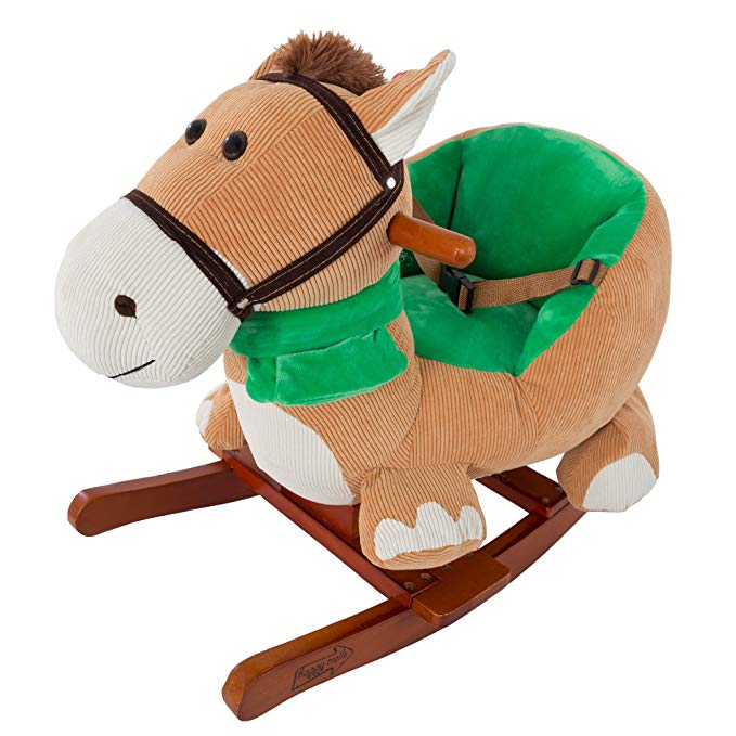 Rocking Horse Plush Animal on Wooden Rockers with Seat & Seat Belt and Sounds, Ride on Toy for Babies 1-3 Years, by Happy Trails - Brown