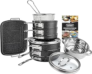 Granitestone Original Stackmaster 28 Piece Nonstick Cookware Set and Nutriblade Steak knives with Comfortable Handles -Dishwasher safe, Rustproof Steak Knife For Home and Restaurant Use As Seen On TV